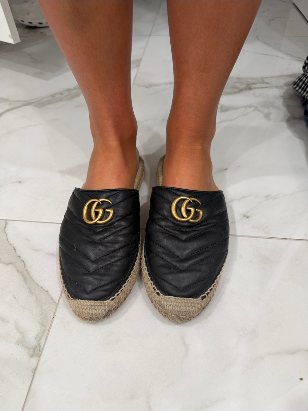 Gucci Black Quilted Espadrille Slip-On with Gold Double G